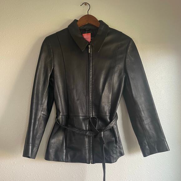 Vintage 90s Genuine Leather Biker Zip Up Jacket with Waist Tie - Picture 1 of 9